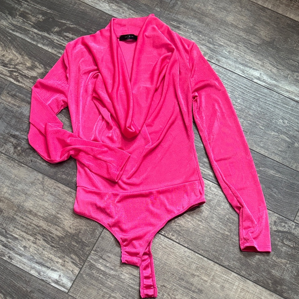 Hot Pink Long Sleeve Draped Neck Bodysuit